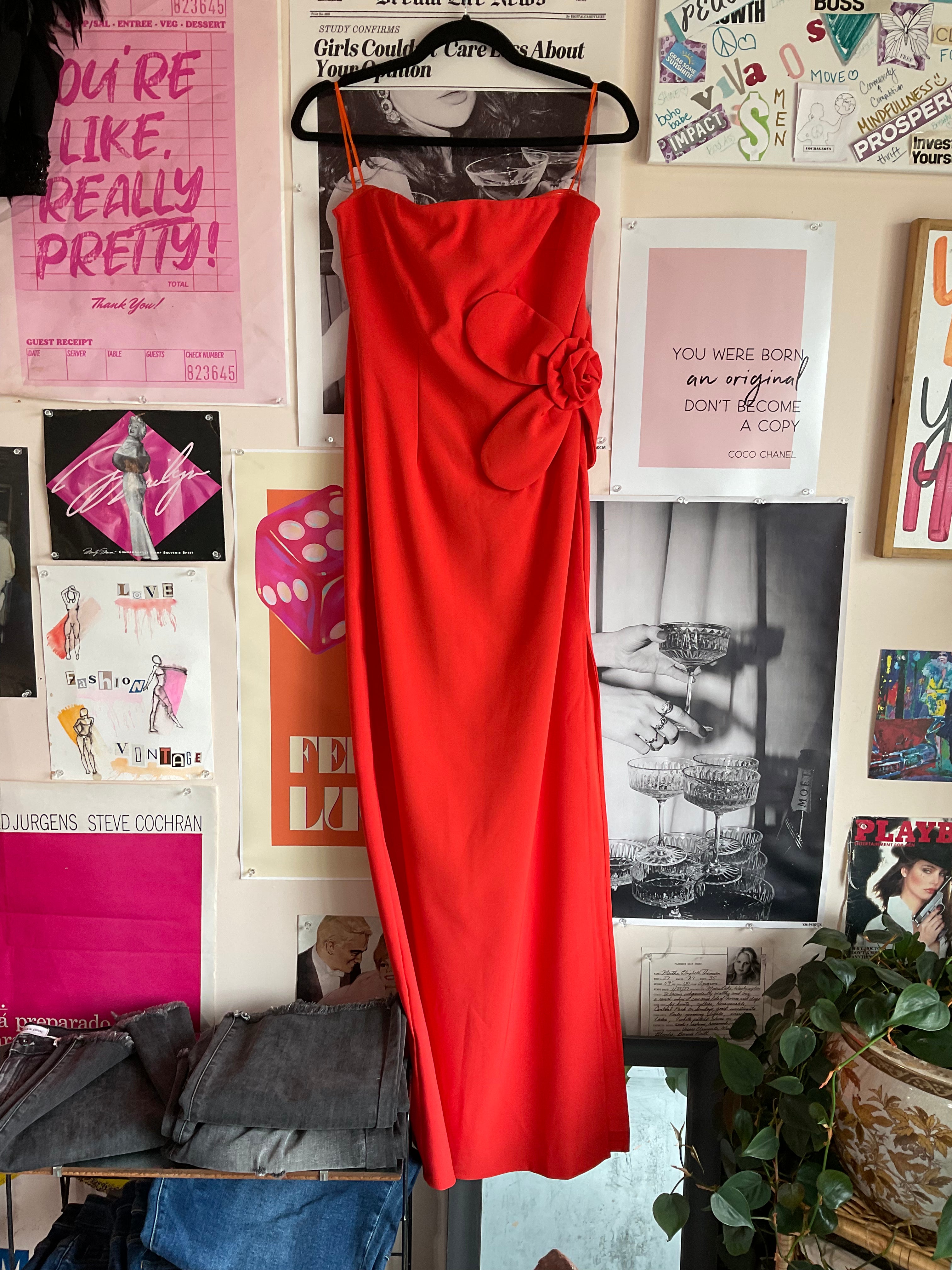 Red strapless dress