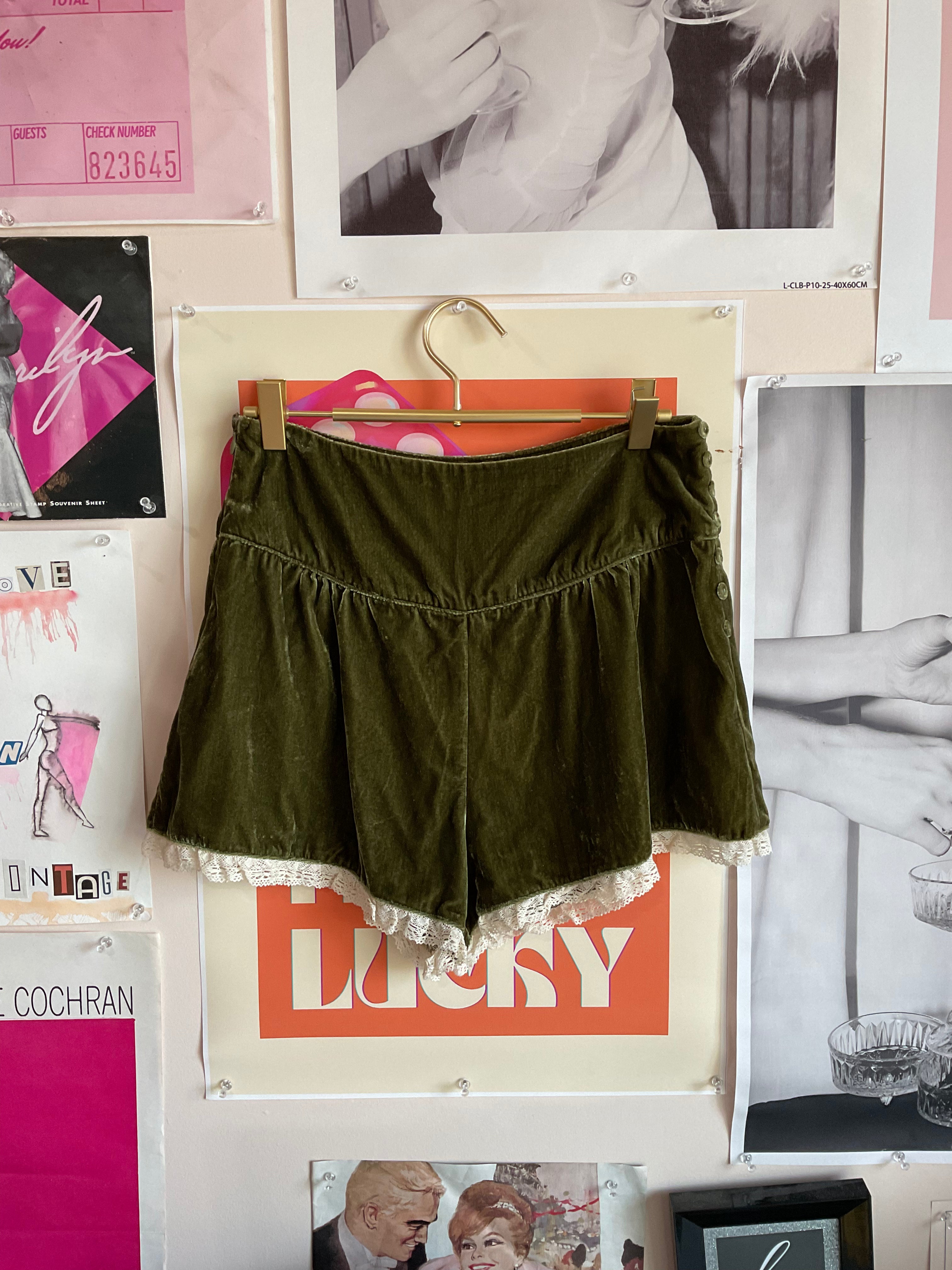 Moss green velvet lace trim shorts