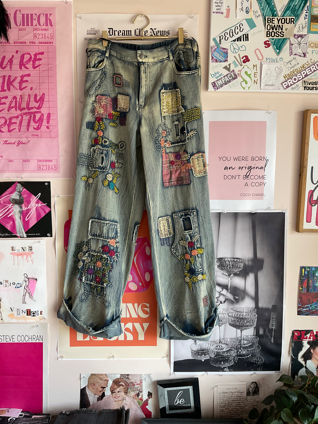 Light wash patchwork jeans