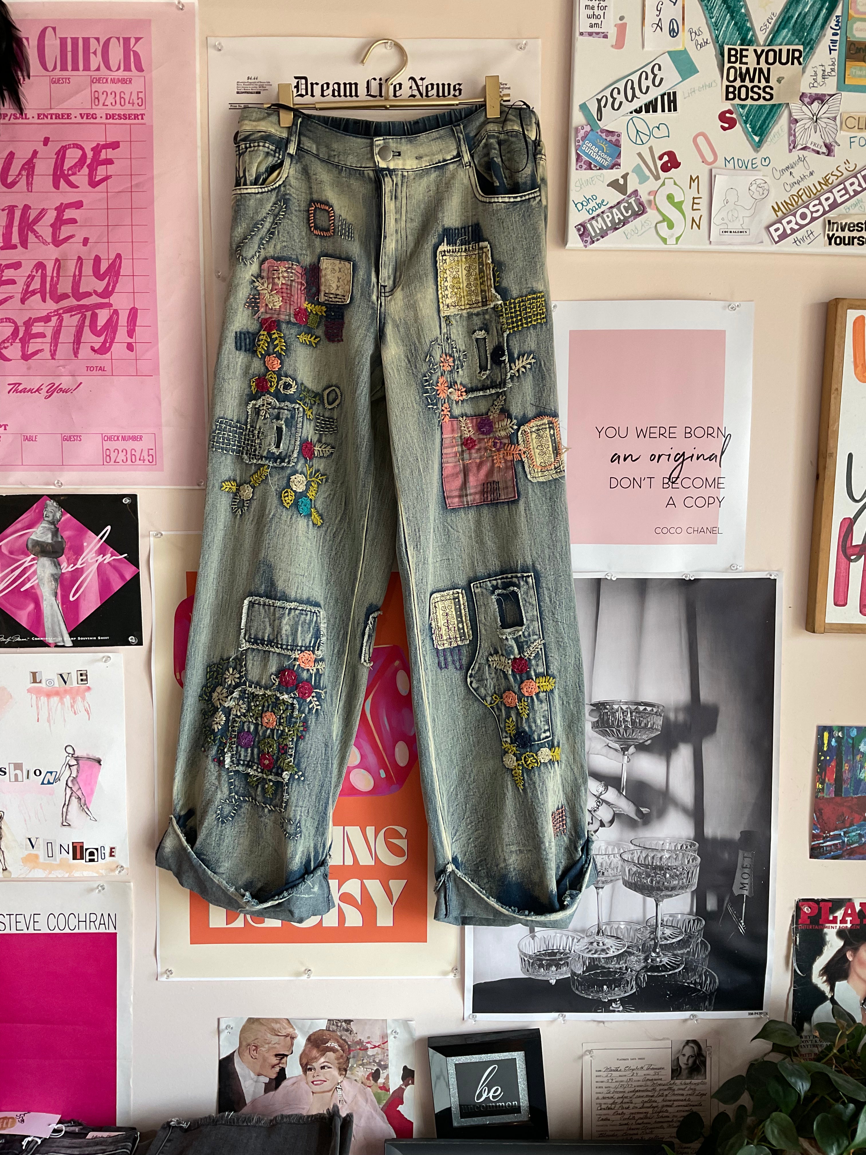 Light wash patchwork jeans