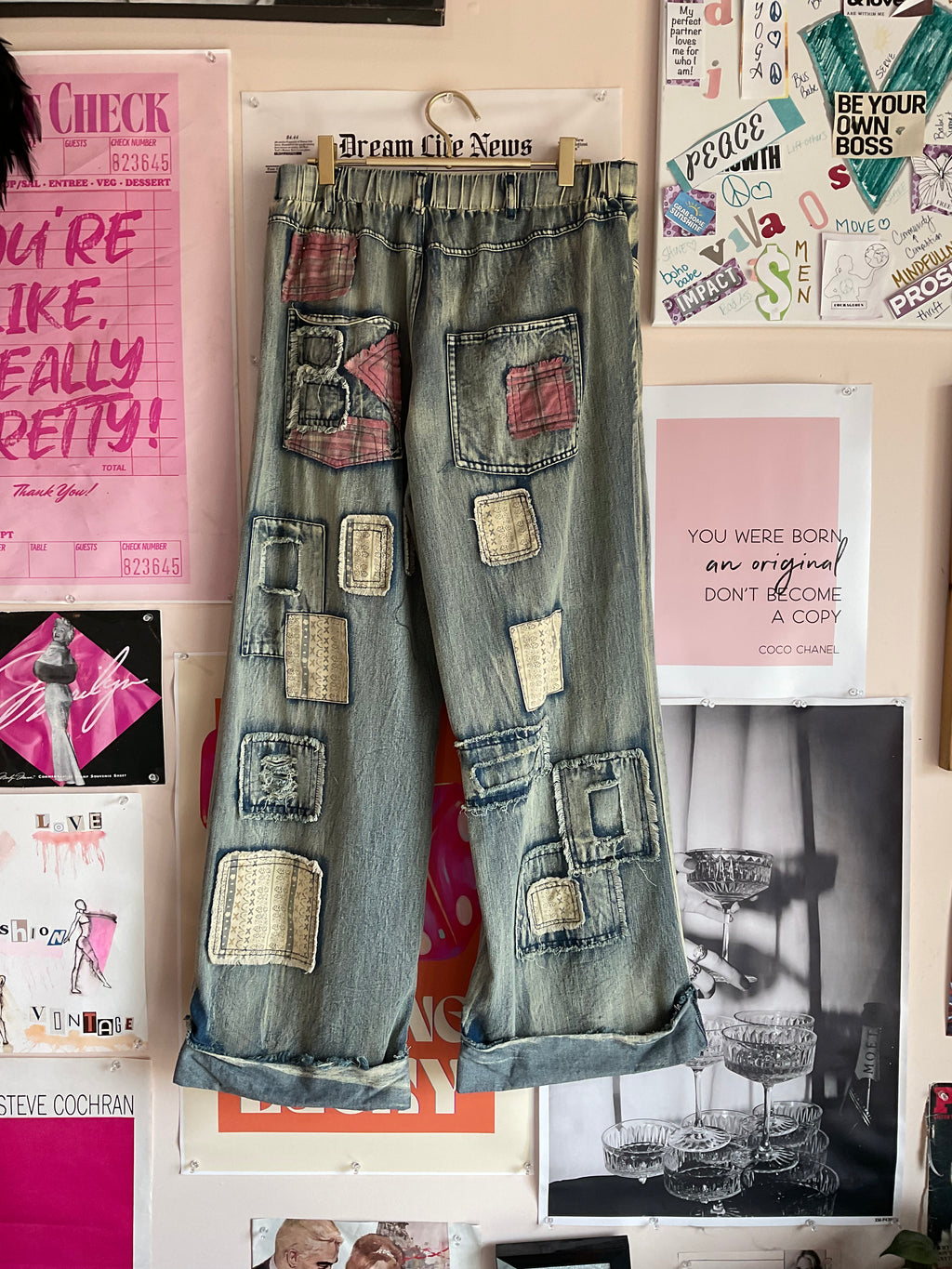 Light wash patchwork jeans